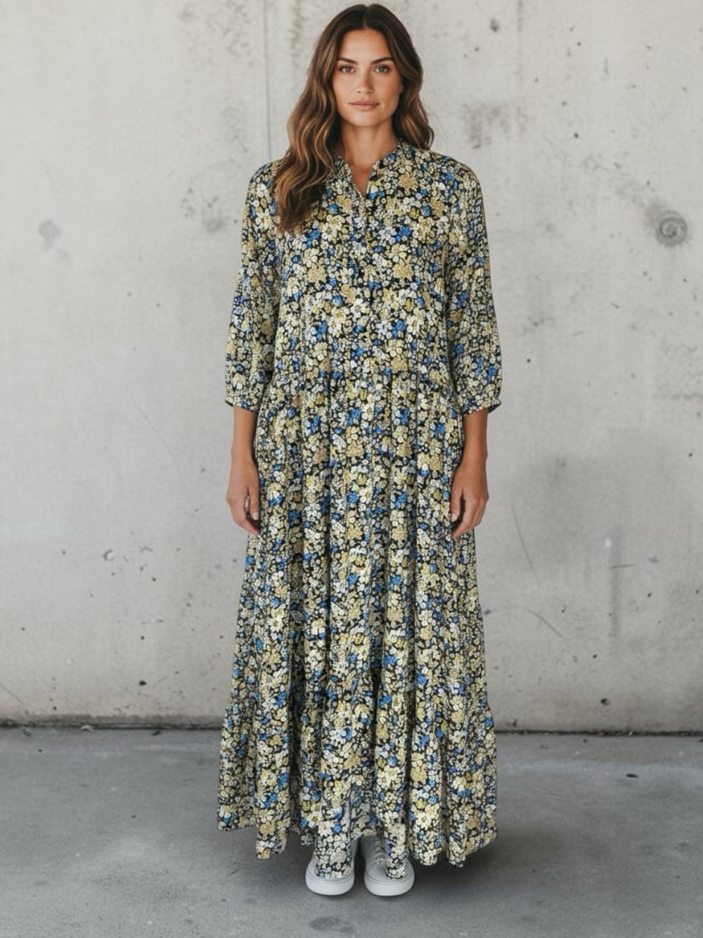 Anthropologie MELLODAY Blue and Yellow Floral High Low Maxi Dress Sm